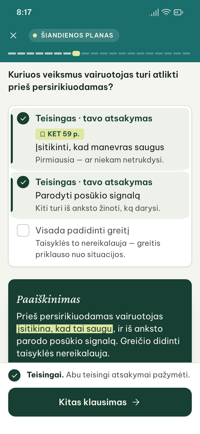 Ekranas po atsakymo: teisingi variantai pažymėti, prie jų KET punktas, žemiau paaiškinimas