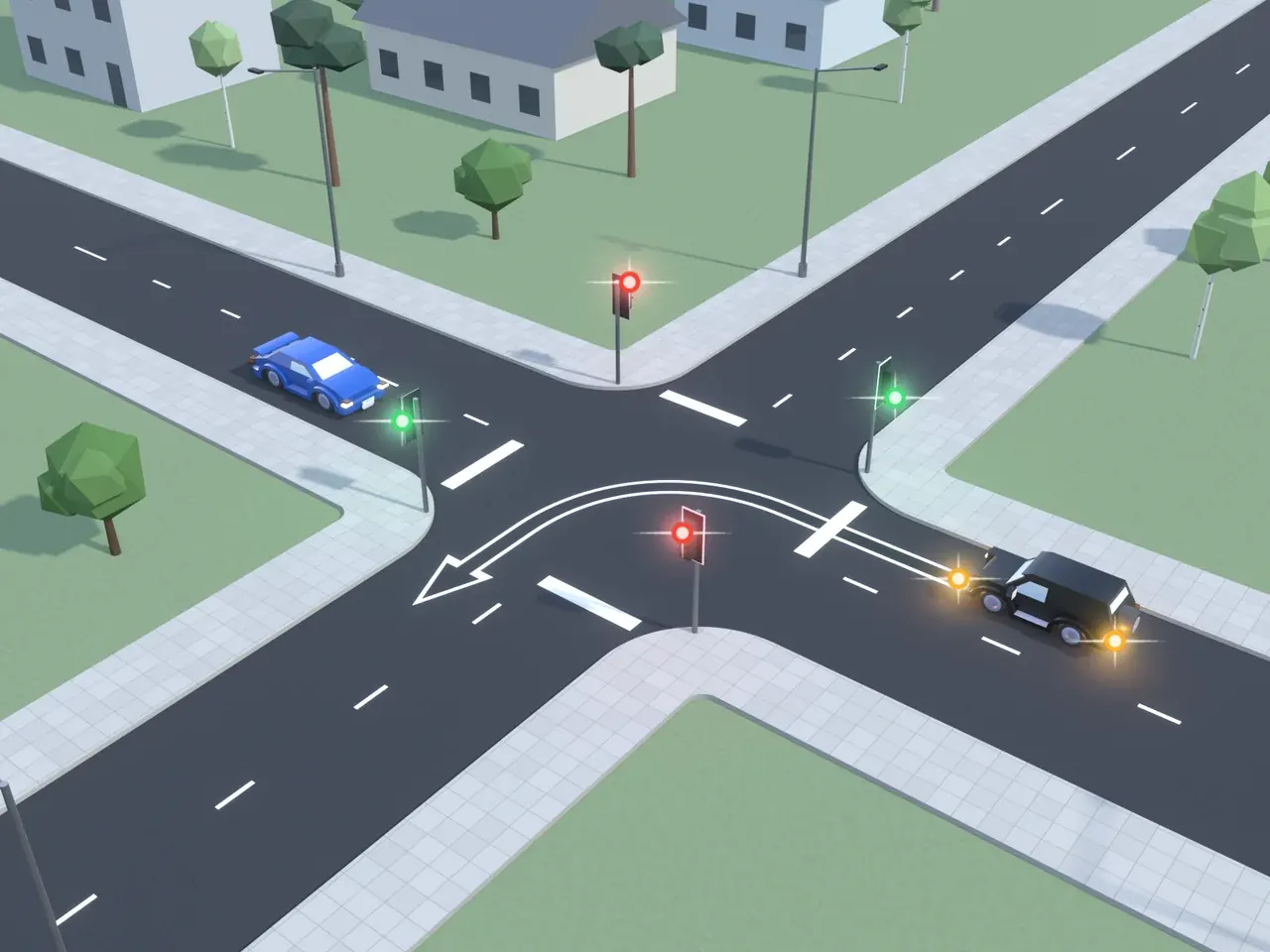 Keturšalė sankryža iš viršaus. Kryptys nurodytos taip, kaip jas mato juodą automobilį vairuojantis vairuotojas. Juodas automobilis suka į kairę; mėlynas automobilis atvažiuoja iš priekio. Šviesoforai šio vairuotojo kelyje ir priešais rodo žalią; šviesoforai kairėje ir dešinėje rodo raudoną.