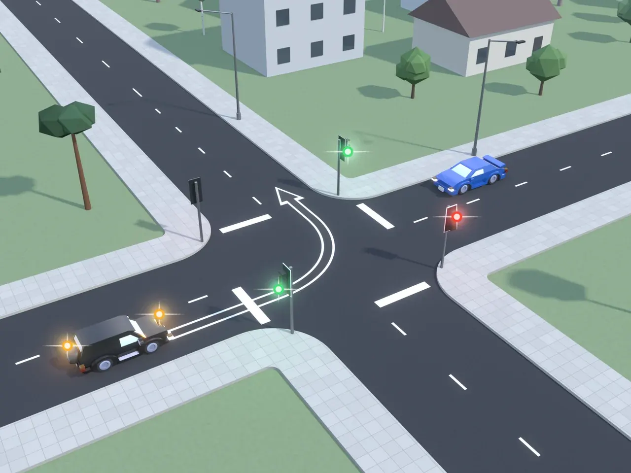 Keturšalė sankryža iš viršaus. Kryptys nurodytos taip, kaip jas mato juodą automobilį vairuojantis vairuotojas. Juodas automobilis suka į kairę; mėlynas automobilis atvažiuoja iš priekio. Šviesoforai šio vairuotojo kelyje ir priešais rodo žalią; šviesoforai kairėje ir dešinėje rodo raudoną.