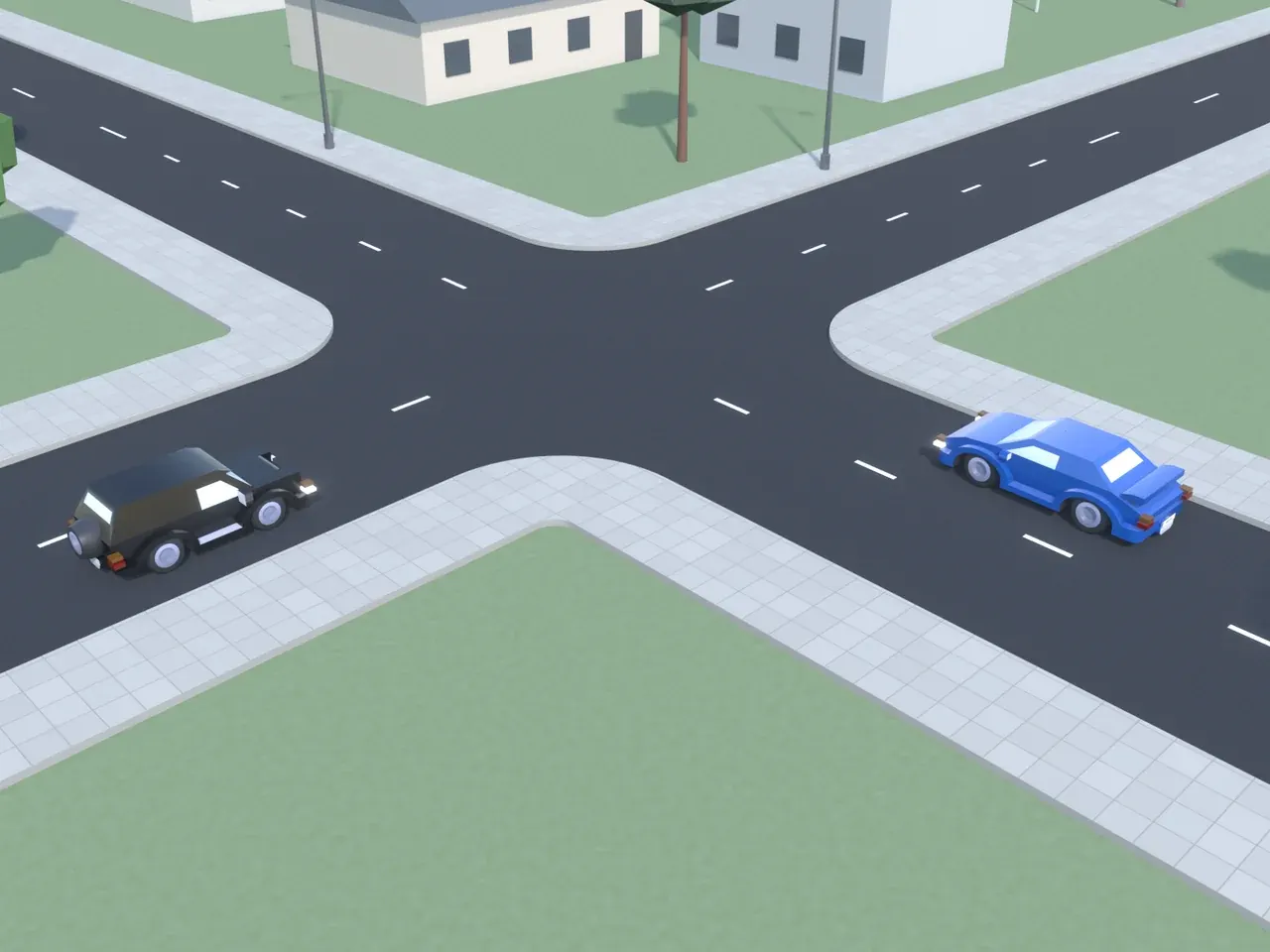 Keturšalė sankryža iš viršaus. Kryptys nurodytos taip, kaip jas mato juodą automobilį vairuojantis vairuotojas. Juodas automobilis artėja prie sankryžos; mėlynas automobilis atvažiuoja iš dešinės.
