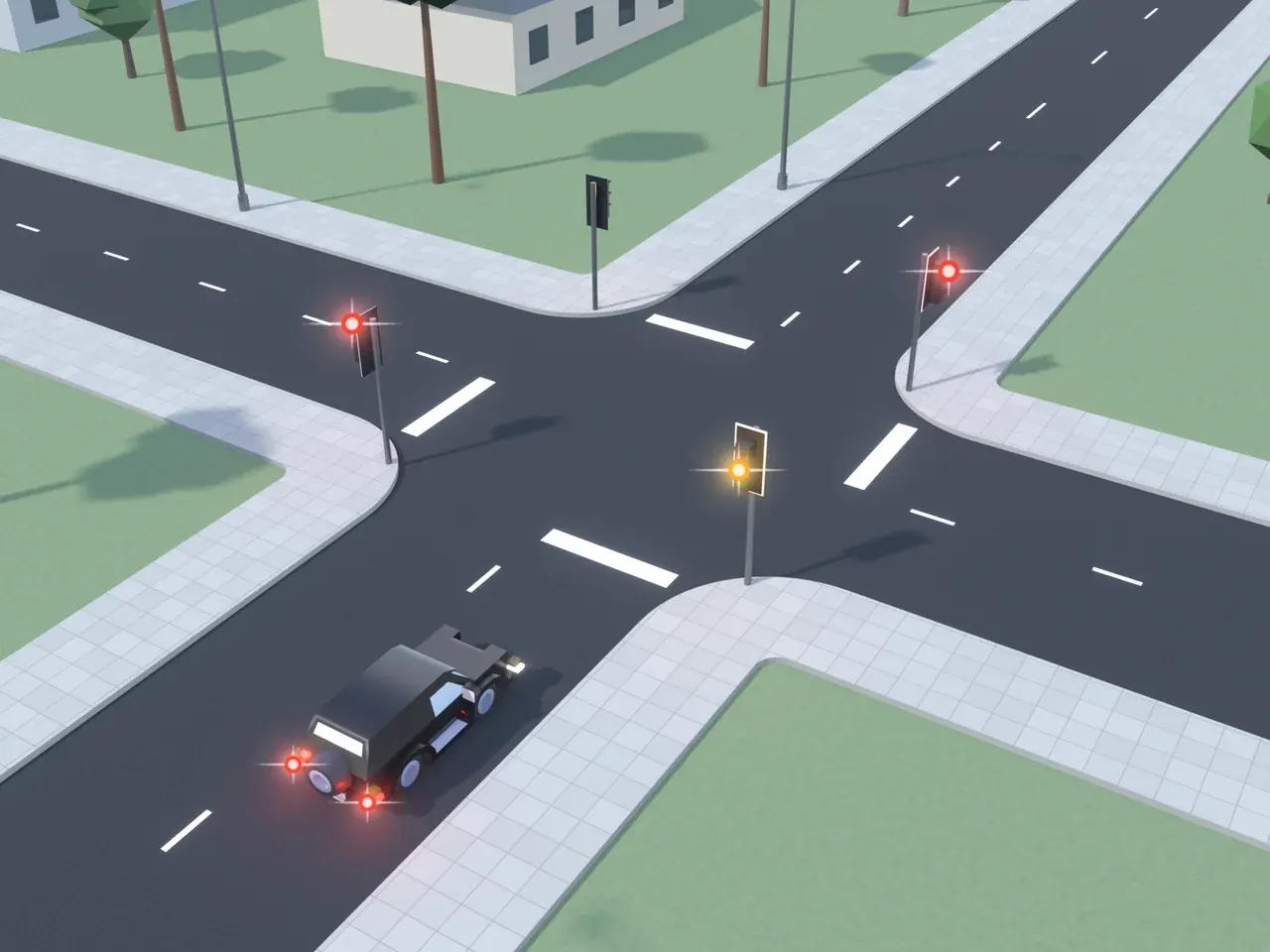 Keturšalė sankryža iš viršaus. Kryptys nurodytos taip, kaip jas mato juodą automobilį vairuojantis vairuotojas. Juodas automobilis artėja prie sankryžos, dega jo stabdymo žibintai. Juodas automobilis Taisyklių 165 punkte nurodytose vietose galėtų sustoti nestabdydamas staigiai. Šviesoforai šio vairuotojo kelyje ir priešais rodo geltoną; šviesoforai kairėje ir dešinėje rodo raudoną.
