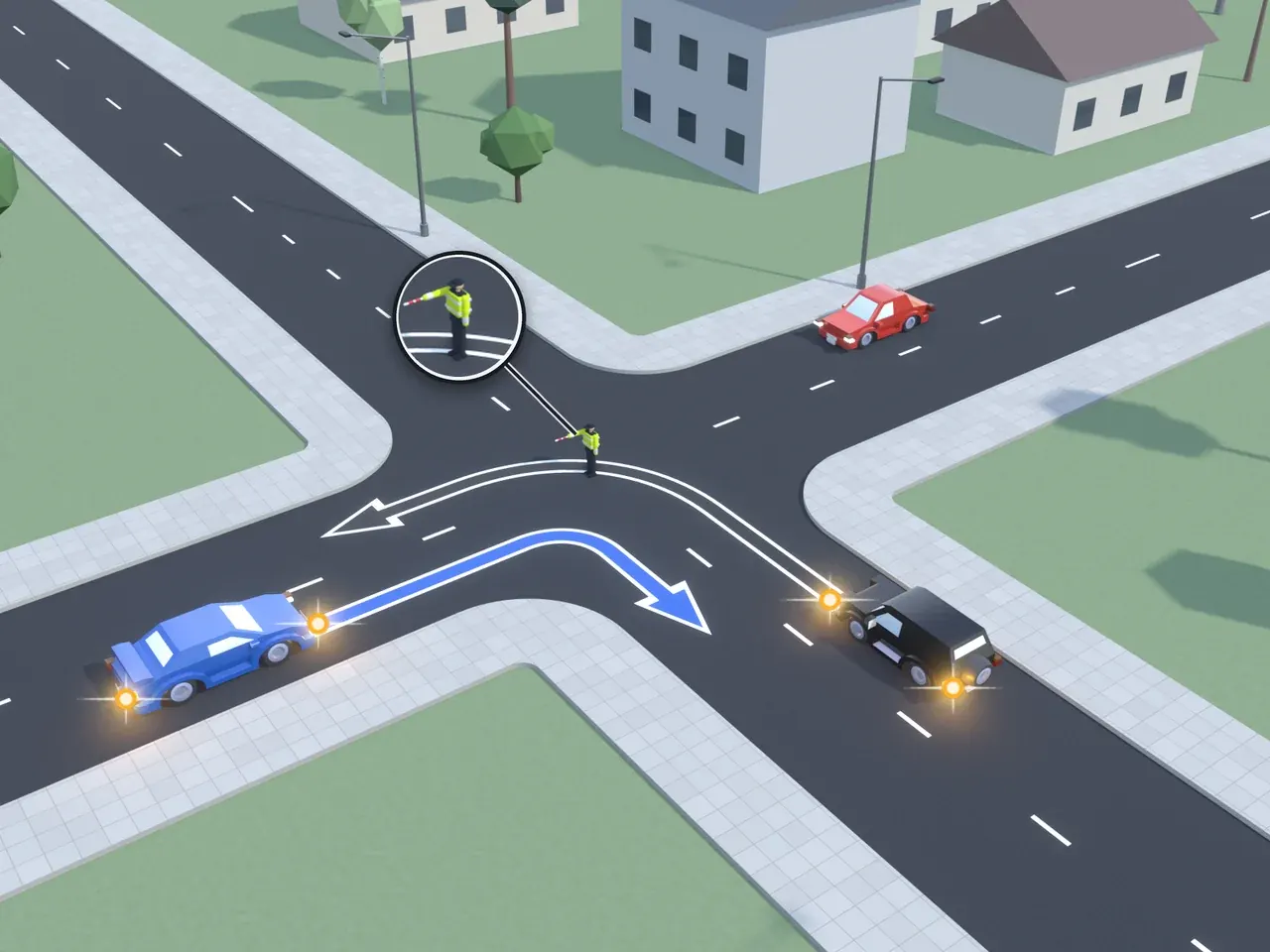 Keturšalė sankryža iš viršaus. Kryptys nurodytos taip, kaip jas mato juodą automobilį vairuojantis vairuotojas. Juodas automobilis suka į kairę; mėlynas automobilis atvažiuoja iš kairės, suka į dešinę; raudonas automobilis atvažiuoja iš dešinės; reguliuotojas su į priekį ištiesta dešine ranka. Juodas automobilis yra reguliuotojo kairiajame šone, mėlynas automobilis – jo krūtinės pusėje, raudonas automobilis – jo nugaros pusėje.