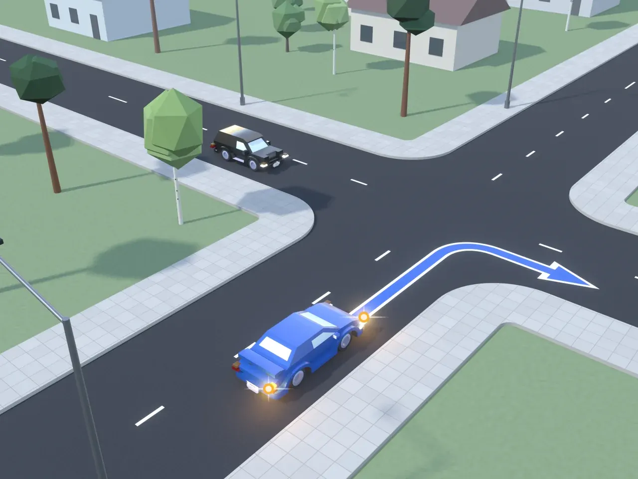 Keturšalė sankryža iš viršaus. Kryptys nurodytos taip, kaip jas mato juodą automobilį vairuojantis vairuotojas. Juodas automobilis artėja prie sankryžos; mėlynas automobilis atvažiuoja iš dešinės, suka į dešinę.
