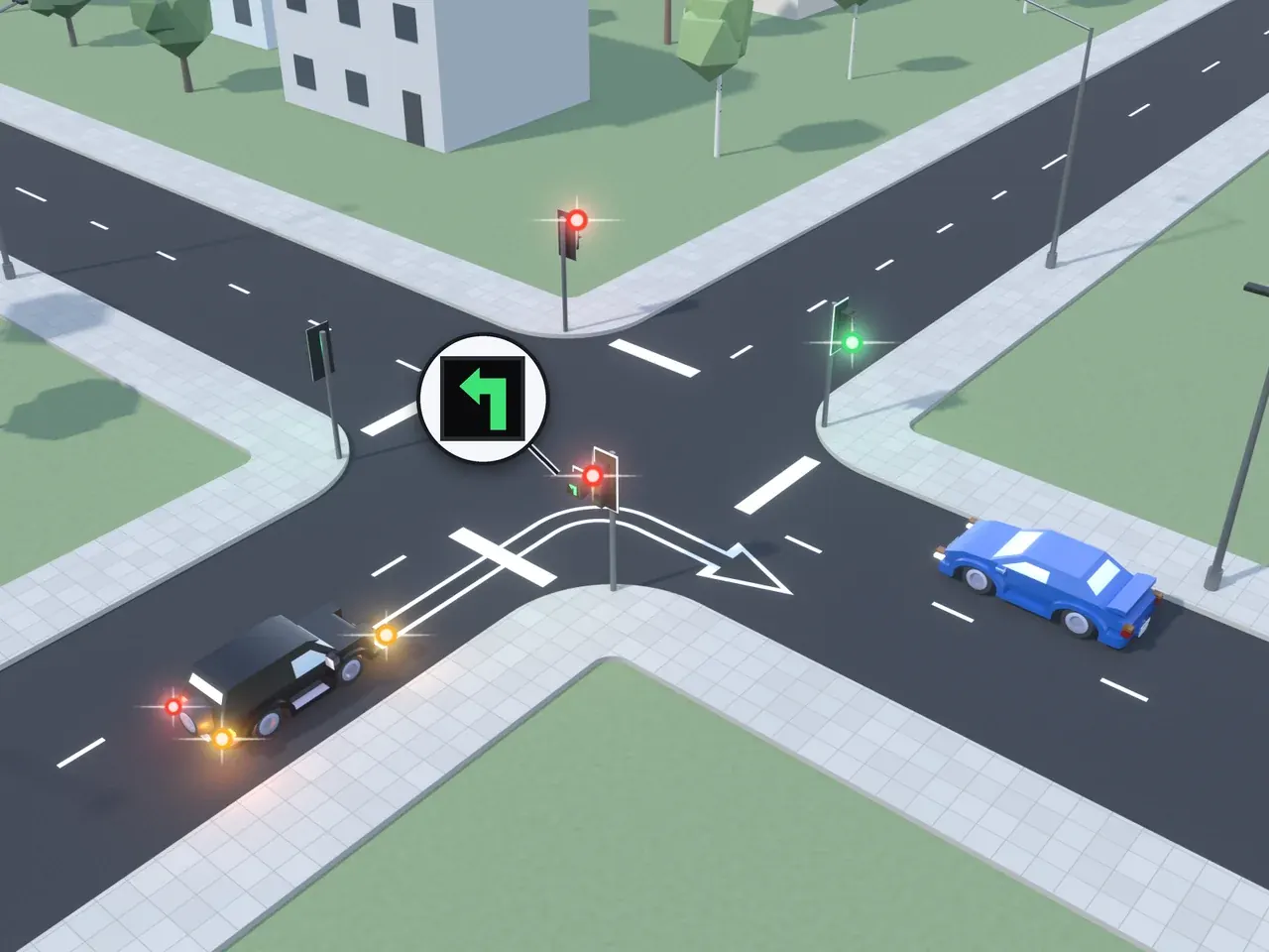 Keturšalė sankryža iš viršaus. Kryptys nurodytos taip, kaip jas mato juodą automobilį vairuojantis vairuotojas. Juodas automobilis suka į dešinę, dega jo stabdymo žibintai; mėlynas automobilis atvažiuoja iš dešinės. Šviesoforai šio vairuotojo kelyje ir priešais rodo raudoną; šviesoforai kairėje ir dešinėje rodo žalią. Šio vairuotojo kelyje šviesoforas turi papildomą sekciją su degančia žalia rodykle į kairę.
