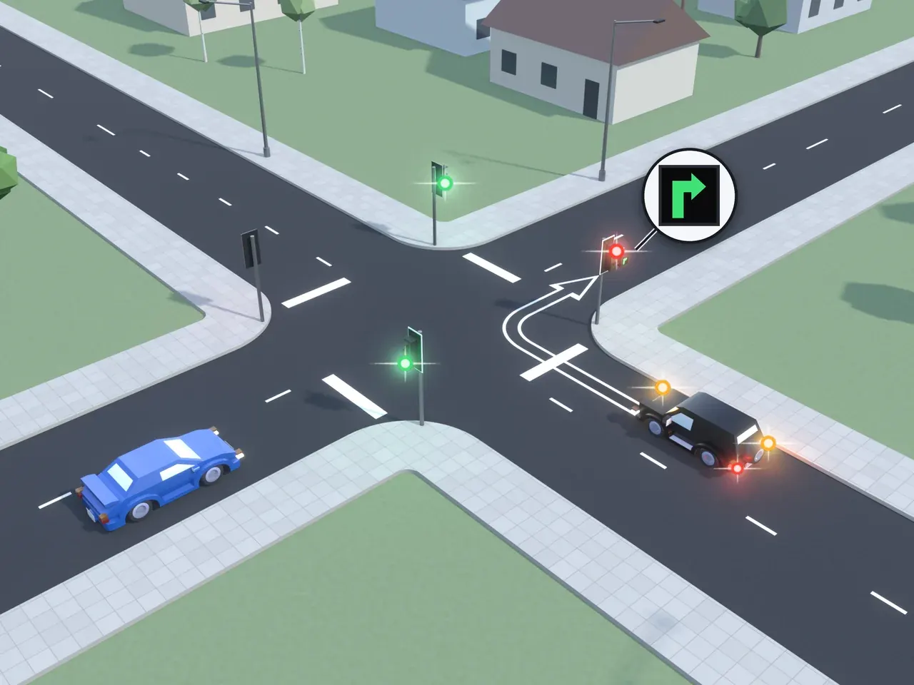 Keturšalė sankryža iš viršaus. Kryptys nurodytos taip, kaip jas mato juodą automobilį vairuojantis vairuotojas. Juodas automobilis suka į dešinę, dega jo stabdymo žibintai; mėlynas automobilis atvažiuoja iš kairės. Šviesoforai šio vairuotojo kelyje ir priešais rodo raudoną; šviesoforai kairėje ir dešinėje rodo žalią. Šio vairuotojo kelyje šviesoforas turi papildomą sekciją su degančia žalia rodykle į dešinę.