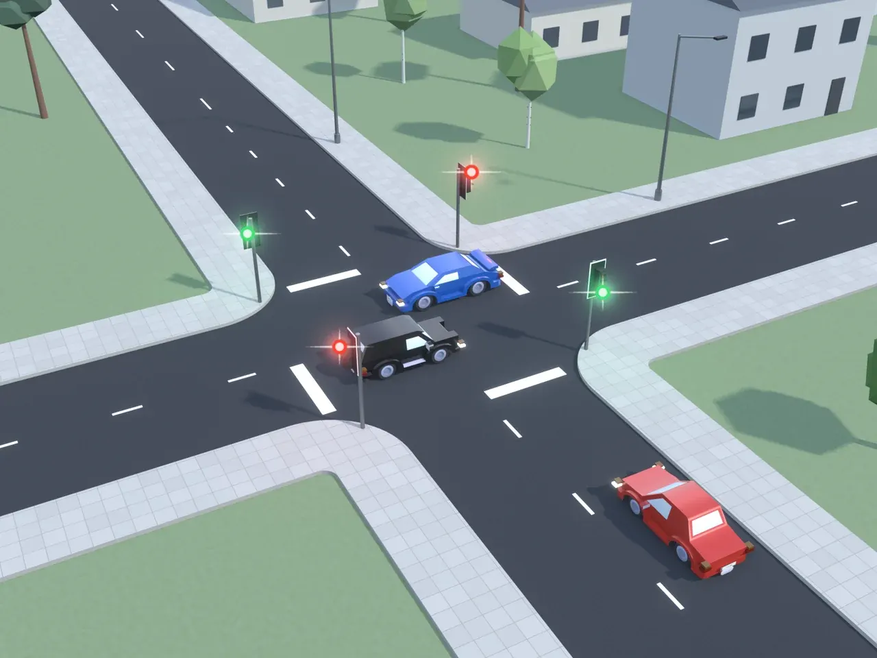 Keturšalė sankryža iš viršaus. Kryptys nurodytos taip, kaip jas mato juodą automobilį vairuojantis vairuotojas. Juodas automobilis jau yra sankryžoje; mėlynas automobilis jau yra sankryžoje; raudonas automobilis atvažiuoja iš dešinės. Juodas automobilis ir mėlynas automobilis į važiuojamųjų dalių sankirtą įvažiavo pagal leidžiamąjį šviesoforo signalą. Šviesoforai šio vairuotojo kelyje ir priešais rodo raudoną; šviesoforai kairėje ir dešinėje rodo žalią.