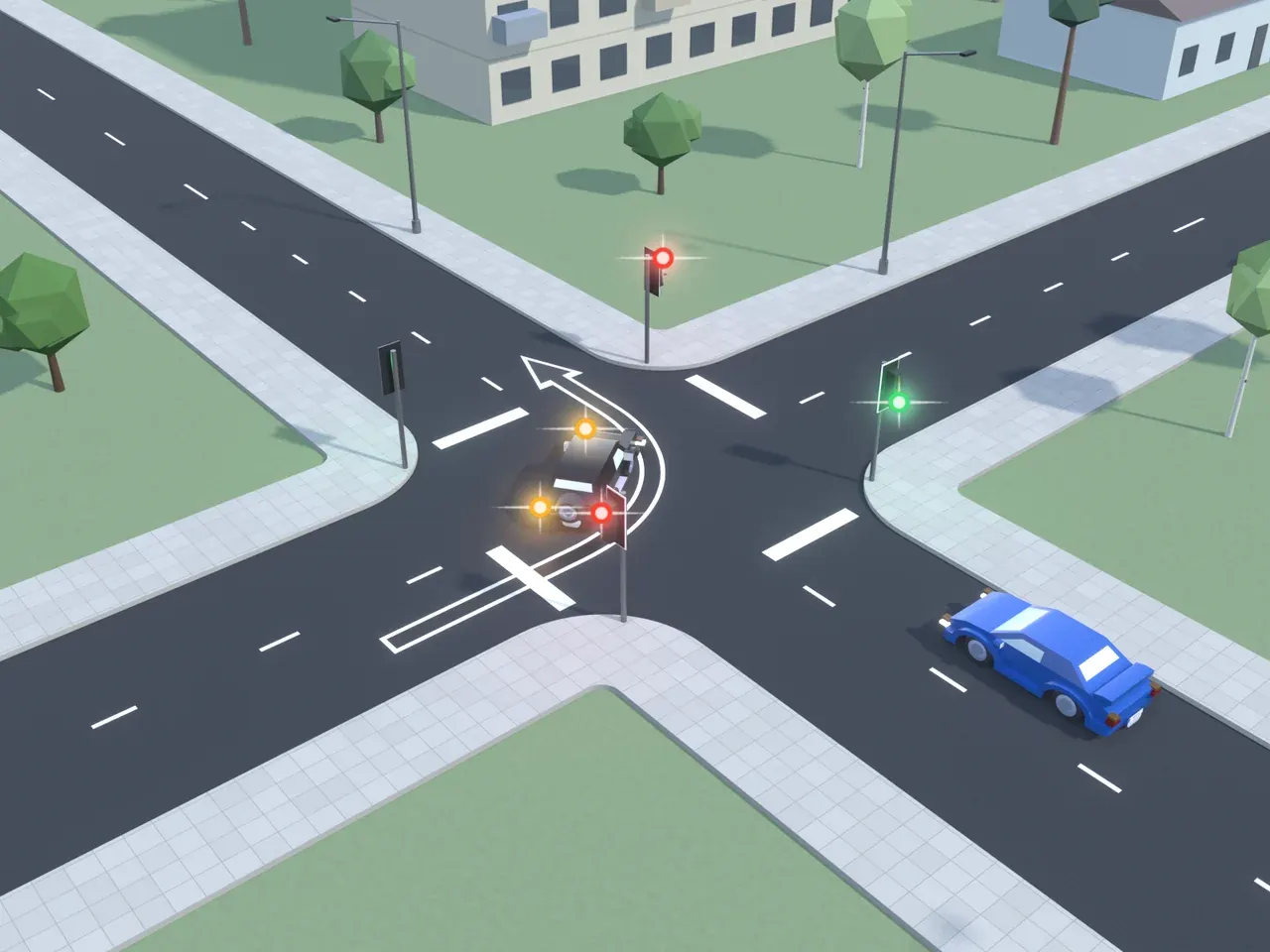 Keturšalė sankryža iš viršaus. Kryptys nurodytos taip, kaip jas mato juodą automobilį vairuojantis vairuotojas. Juodas automobilis jau yra sankryžoje, suka į kairę; mėlynas automobilis atvažiuoja iš dešinės. Juodas automobilis į važiuojamųjų dalių sankirtą įvažiavo pagal leidžiamąjį šviesoforo signalą. Šviesoforai šio vairuotojo kelyje ir priešais rodo raudoną; šviesoforai kairėje ir dešinėje rodo žalią.
