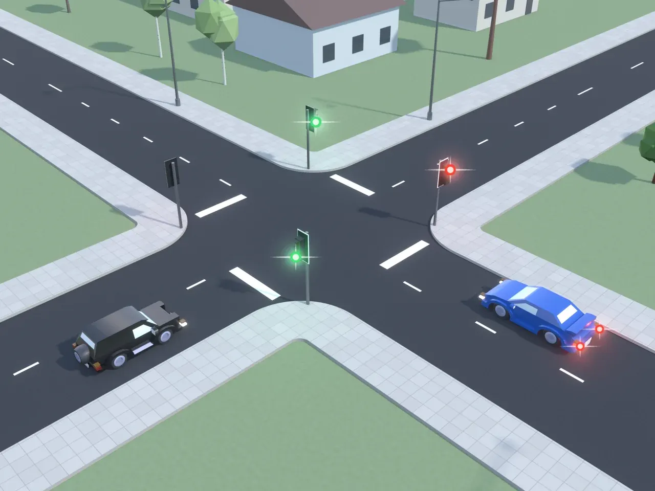 Keturšalė sankryža iš viršaus. Kryptys nurodytos taip, kaip jas mato juodą automobilį vairuojantis vairuotojas. Juodas automobilis artėja prie sankryžos; mėlynas automobilis atvažiuoja iš dešinės, dega jo stabdymo žibintai. Šviesoforai šio vairuotojo kelyje ir priešais rodo žalią; šviesoforai kairėje ir dešinėje rodo raudoną.