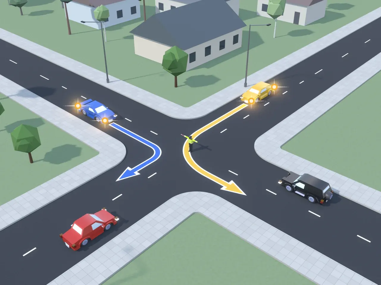 Keturšalė sankryža iš viršaus. Kryptys nurodytos taip, kaip jas mato juodą automobilį vairuojantis vairuotojas. Juodas automobilis artėja prie sankryžos; mėlynas automobilis atvažiuoja iš priekio, suka į dešinę; raudonas automobilis atvažiuoja iš kairės; geltonas automobilis atvažiuoja iš dešinės, suka į kairę; reguliuotojas su į šalis ištiestomis rankomis. Juodas automobilis yra reguliuotojo kairiajame šone, mėlynas automobilis – jo dešiniajame šone, raudonas automobilis – jo krūtinės pusėje, geltonas automobilis – jo nugaros pusėje.