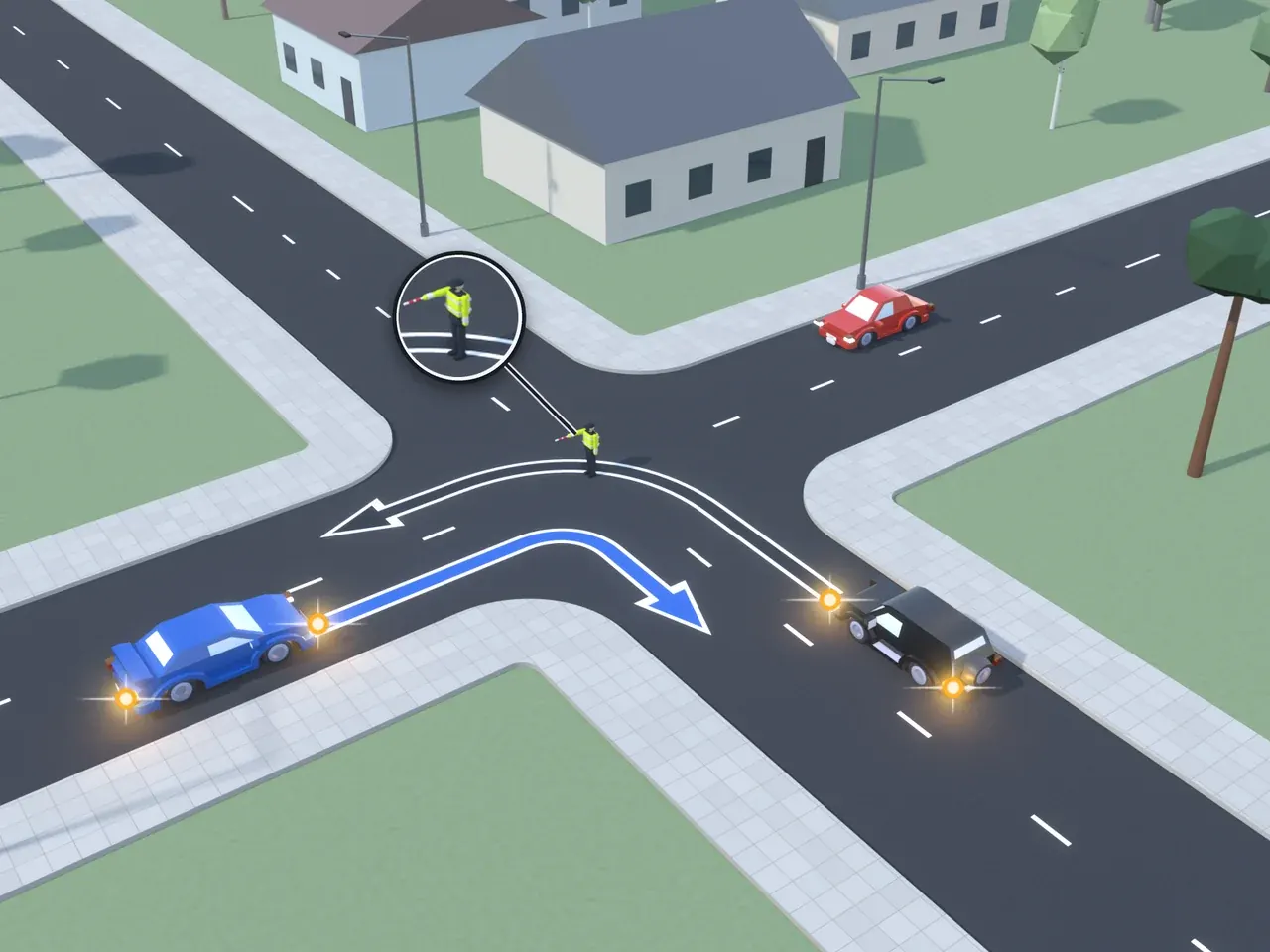 Keturšalė sankryža iš viršaus. Kryptys nurodytos taip, kaip jas mato juodą automobilį vairuojantis vairuotojas. Juodas automobilis suka į kairę; mėlynas automobilis atvažiuoja iš kairės, suka į dešinę; raudonas automobilis atvažiuoja iš dešinės; reguliuotojas su į priekį ištiesta dešine ranka. Juodas automobilis yra reguliuotojo kairiajame šone, mėlynas automobilis – jo krūtinės pusėje, raudonas automobilis – jo nugaros pusėje.