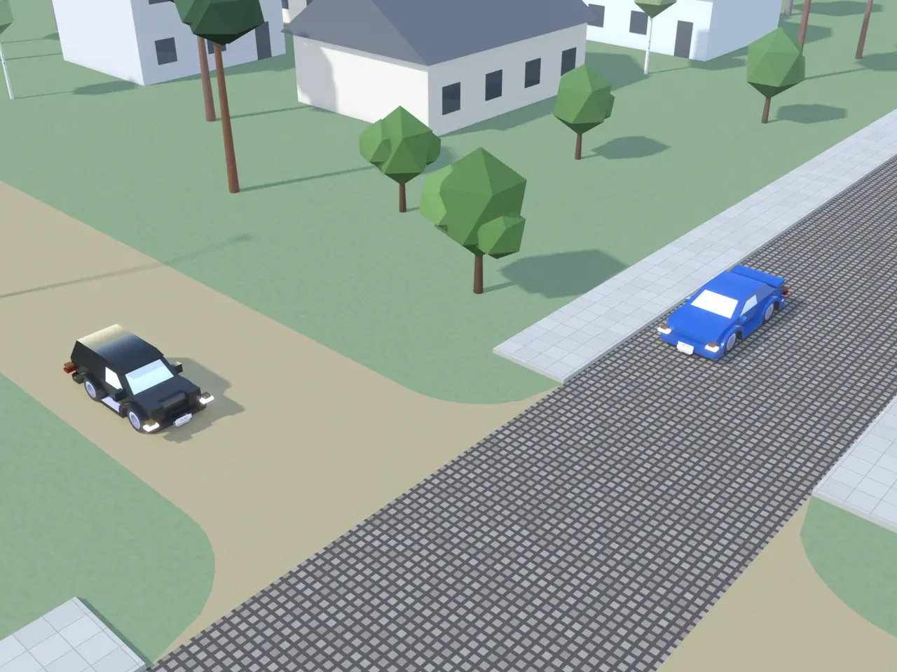 Keturšalė sankryža iš viršaus. Kryptys nurodytos taip, kaip jas mato juodą automobilį vairuojantis vairuotojas. Juodas automobilis artėja prie sankryžos; mėlynas automobilis atvažiuoja iš kairės. Šio vairuotojo kelyje ir priešais esančiame kelyje – žvyras; kairėje esančiame kelyje ir dešinėje esančiame kelyje – akmenų grindinys.