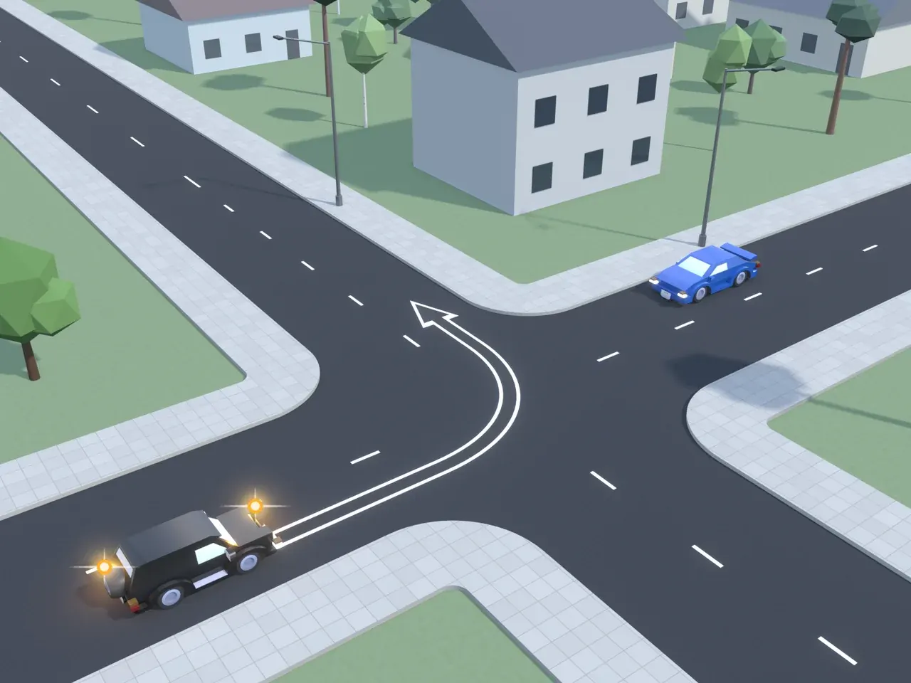 Keturšalė sankryža iš viršaus. Kryptys nurodytos taip, kaip jas mato juodą automobilį vairuojantis vairuotojas. Juodas automobilis suka į kairę; mėlynas automobilis atvažiuoja iš priekio.