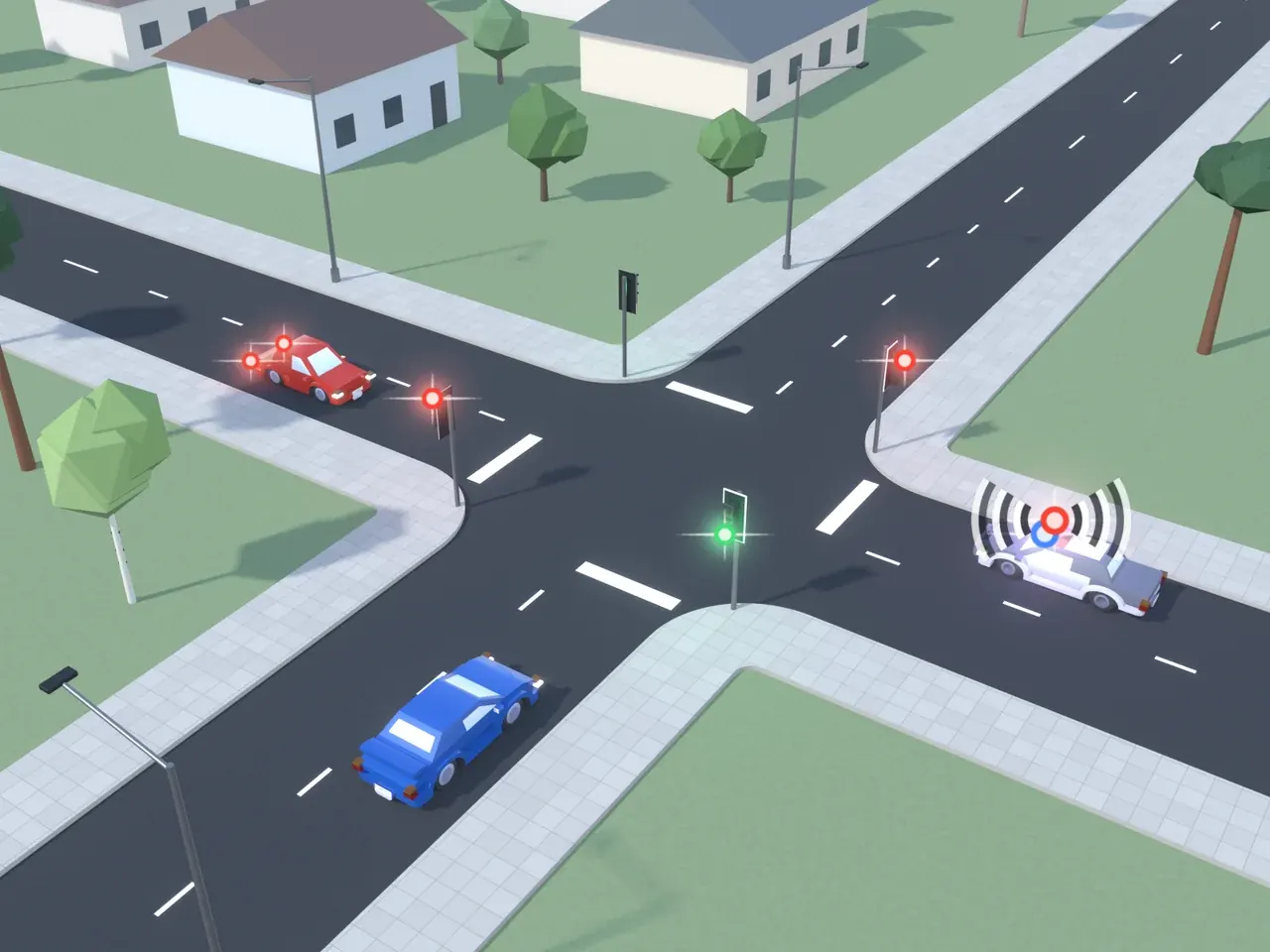 Keturšalė sankryža iš viršaus. Kryptys nurodytos taip, kaip jas mato policijos automobilį su įjungtais švyturėliais ir garso signalu vairuojantis vairuotojas. Policijos automobilis su įjungtais švyturėliais ir garso signalu artėja prie sankryžos; raudonas automobilis atvažiuoja iš priekio, dega jo stabdymo žibintai; mėlynas automobilis atvažiuoja iš kairės. Šviesoforai šio vairuotojo kelyje ir priešais rodo raudoną; šviesoforai kairėje ir dešinėje rodo žalią.