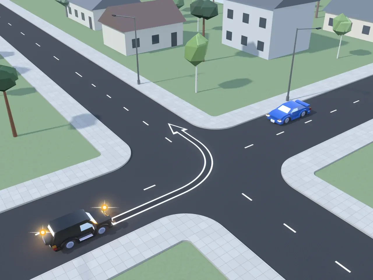 Keturšalė sankryža iš viršaus. Kryptys nurodytos taip, kaip jas mato juodą automobilį vairuojantis vairuotojas. Juodas automobilis suka į kairę; mėlynas automobilis atvažiuoja iš priekio.