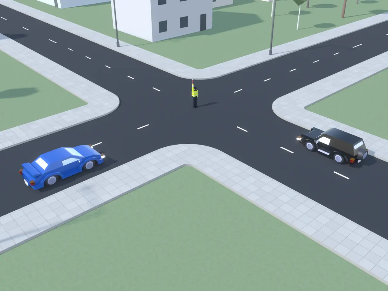 Keturšalė sankryža iš viršaus. Kryptys nurodytos taip, kaip jas mato juodą automobilį vairuojantis vairuotojas. Juodas automobilis artėja prie sankryžos; mėlynas automobilis atvažiuoja iš kairės; reguliuotojas su į viršų pakelta ranka. Juodas automobilis yra reguliuotojo krūtinės pusėje, mėlynas automobilis – jo dešiniajame šone. Juodas automobilis ir mėlynas automobilis Taisyklių 165 punkte nurodytose vietose galėtų sustoti nestabdydami staigiai.