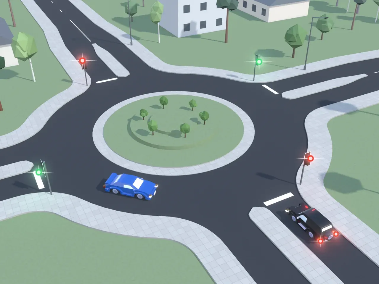 Žiedinė sankryža iš viršaus. Kryptys nurodytos taip, kaip jas mato juodą automobilį vairuojantis vairuotojas. Juodas automobilis artėja prie sankryžos, dega jo stabdymo žibintai; mėlynas automobilis važiuoja žiedu. Šviesoforai šio vairuotojo kelyje ir priešais rodo raudoną; šviesoforai kairėje ir dešinėje rodo žalią.