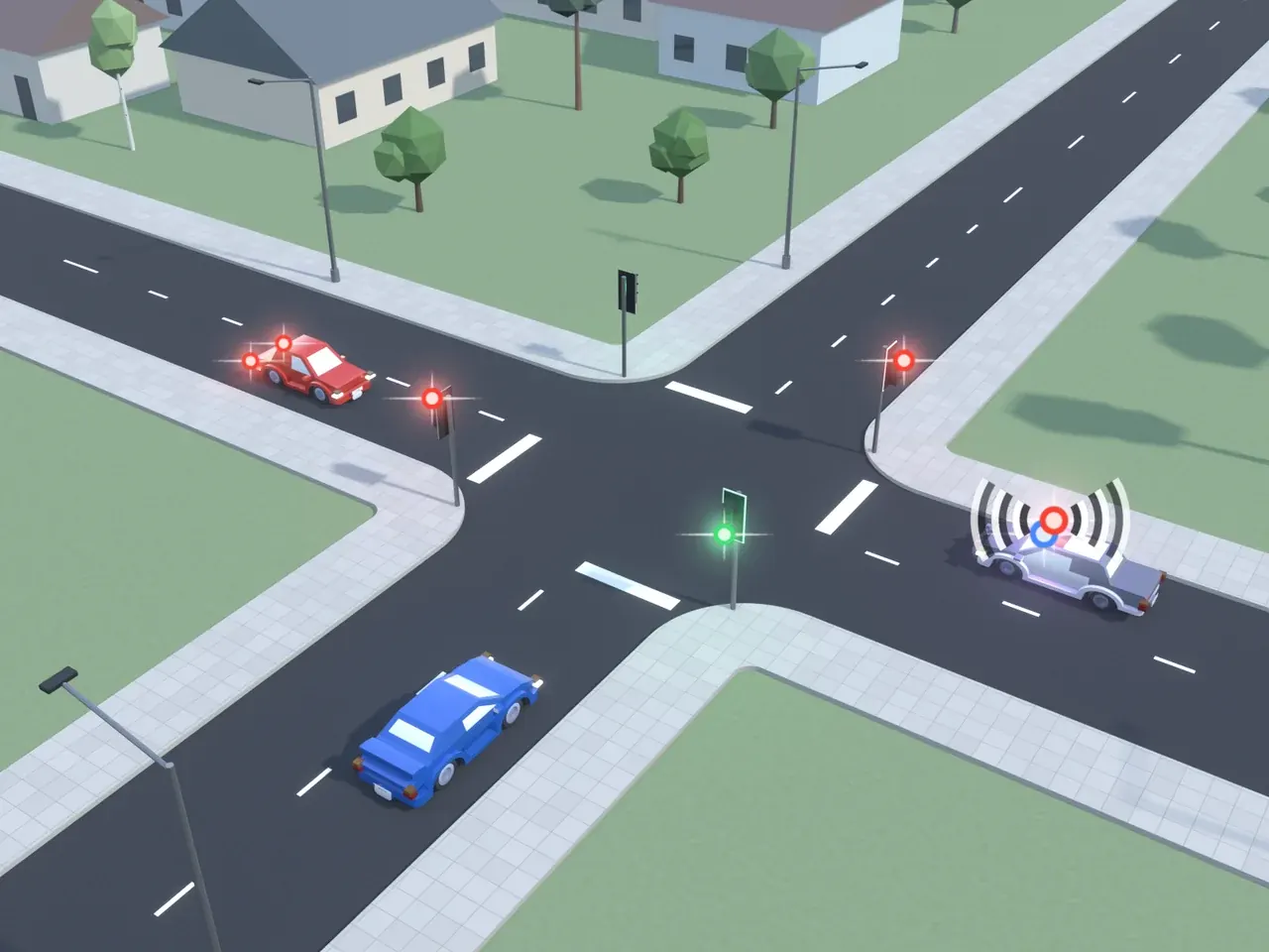 Keturšalė sankryža iš viršaus. Kryptys nurodytos taip, kaip jas mato policijos automobilį su įjungtais švyturėliais ir garso signalu vairuojantis vairuotojas. Policijos automobilis su įjungtais švyturėliais ir garso signalu artėja prie sankryžos; raudonas automobilis atvažiuoja iš priekio, dega jo stabdymo žibintai; mėlynas automobilis atvažiuoja iš kairės. Šviesoforai šio vairuotojo kelyje ir priešais rodo raudoną; šviesoforai kairėje ir dešinėje rodo žalią.