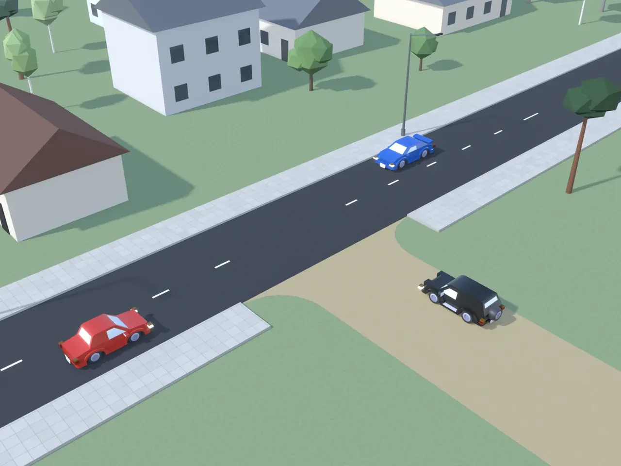 T formos sankryža iš viršaus. Kryptys nurodytos taip, kaip jas mato juodą automobilį vairuojantis vairuotojas. Juodas automobilis artėja prie sankryžos; raudonas automobilis atvažiuoja iš kairės; mėlynas automobilis atvažiuoja iš dešinės. Šio vairuotojo kelyje – žvyras; kairėje esančiame kelyje ir dešinėje esančiame kelyje – asfaltas.
