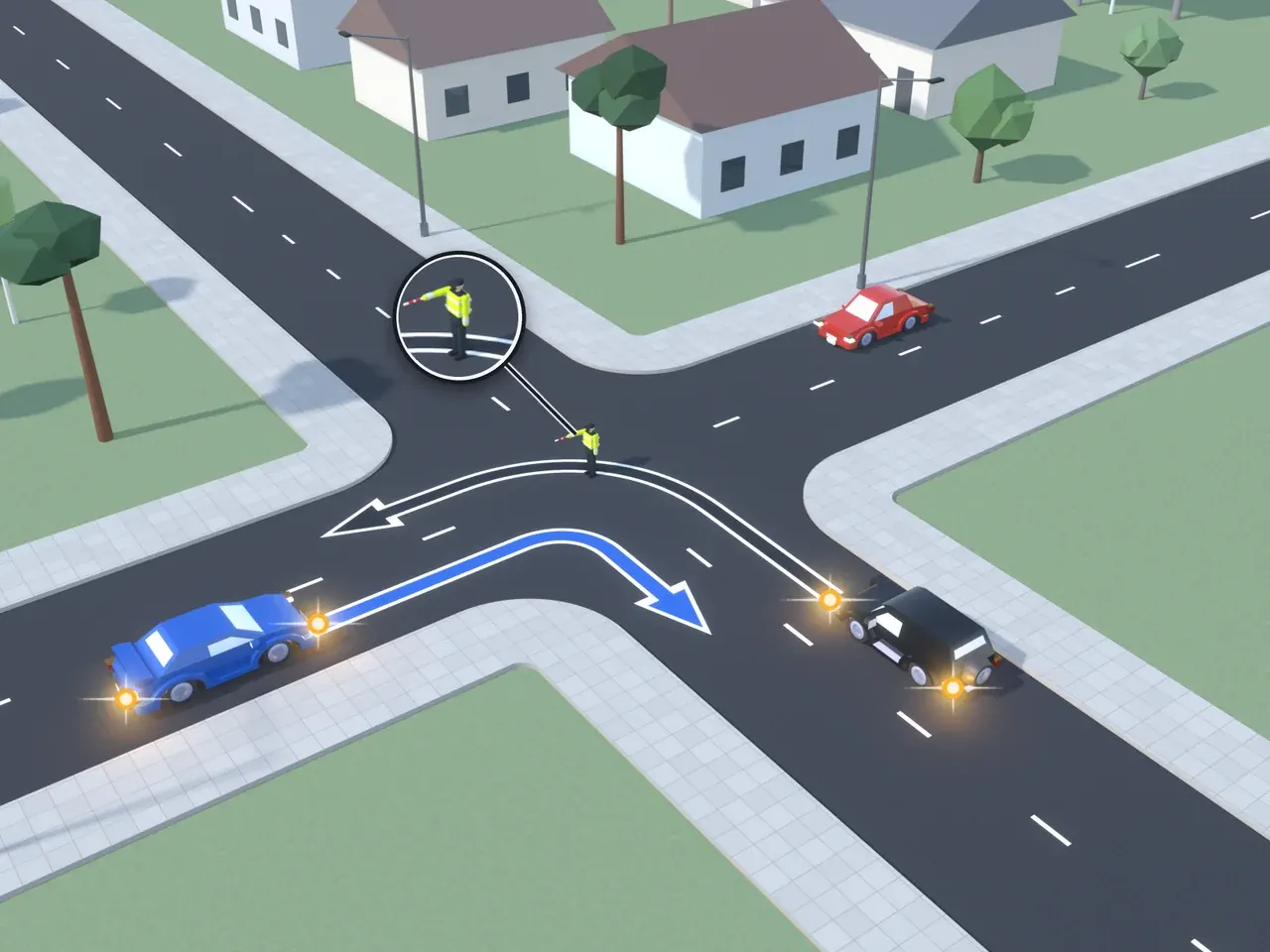 Keturšalė sankryža iš viršaus. Kryptys nurodytos taip, kaip jas mato juodą automobilį vairuojantis vairuotojas. Juodas automobilis suka į kairę; mėlynas automobilis atvažiuoja iš kairės, suka į dešinę; raudonas automobilis atvažiuoja iš dešinės; reguliuotojas su į priekį ištiesta dešine ranka. Juodas automobilis yra reguliuotojo kairiajame šone, mėlynas automobilis – jo krūtinės pusėje, raudonas automobilis – jo nugaros pusėje.