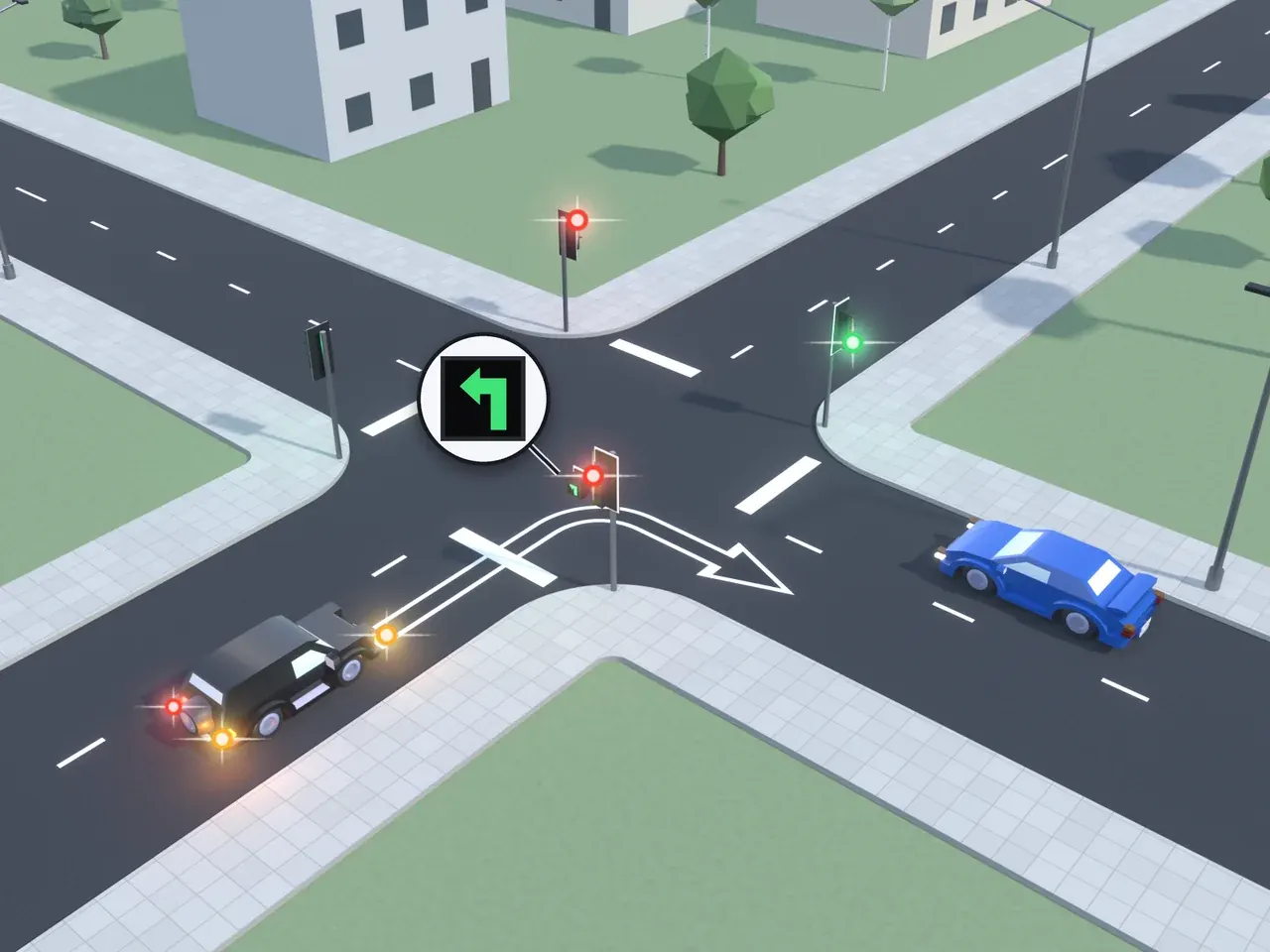Keturšalė sankryža iš viršaus. Kryptys nurodytos taip, kaip jas mato juodą automobilį vairuojantis vairuotojas. Juodas automobilis suka į dešinę, dega jo stabdymo žibintai; mėlynas automobilis atvažiuoja iš dešinės. Šviesoforai šio vairuotojo kelyje ir priešais rodo raudoną; šviesoforai kairėje ir dešinėje rodo žalią. Šio vairuotojo kelyje šviesoforas turi papildomą sekciją su degančia žalia rodykle į kairę.