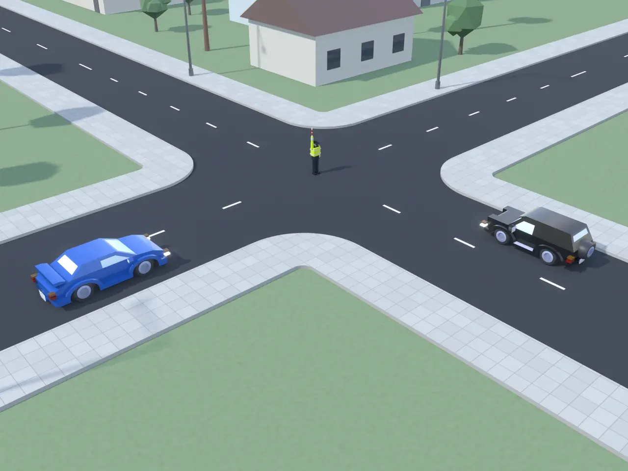 Keturšalė sankryža iš viršaus. Kryptys nurodytos taip, kaip jas mato juodą automobilį vairuojantis vairuotojas. Juodas automobilis artėja prie sankryžos; mėlynas automobilis atvažiuoja iš kairės; reguliuotojas su į viršų pakelta ranka. Juodas automobilis yra reguliuotojo krūtinės pusėje, mėlynas automobilis – jo dešiniajame šone. Juodas automobilis ir mėlynas automobilis Taisyklių 165 punkte nurodytose vietose galėtų sustoti nestabdydami staigiai.