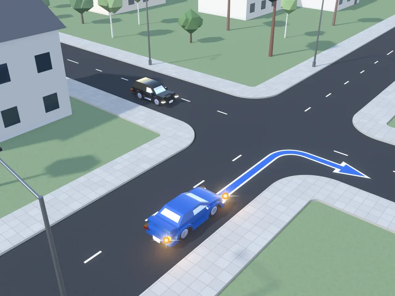 Keturšalė sankryža iš viršaus. Kryptys nurodytos taip, kaip jas mato juodą automobilį vairuojantis vairuotojas. Juodas automobilis artėja prie sankryžos; mėlynas automobilis atvažiuoja iš dešinės, suka į dešinę.