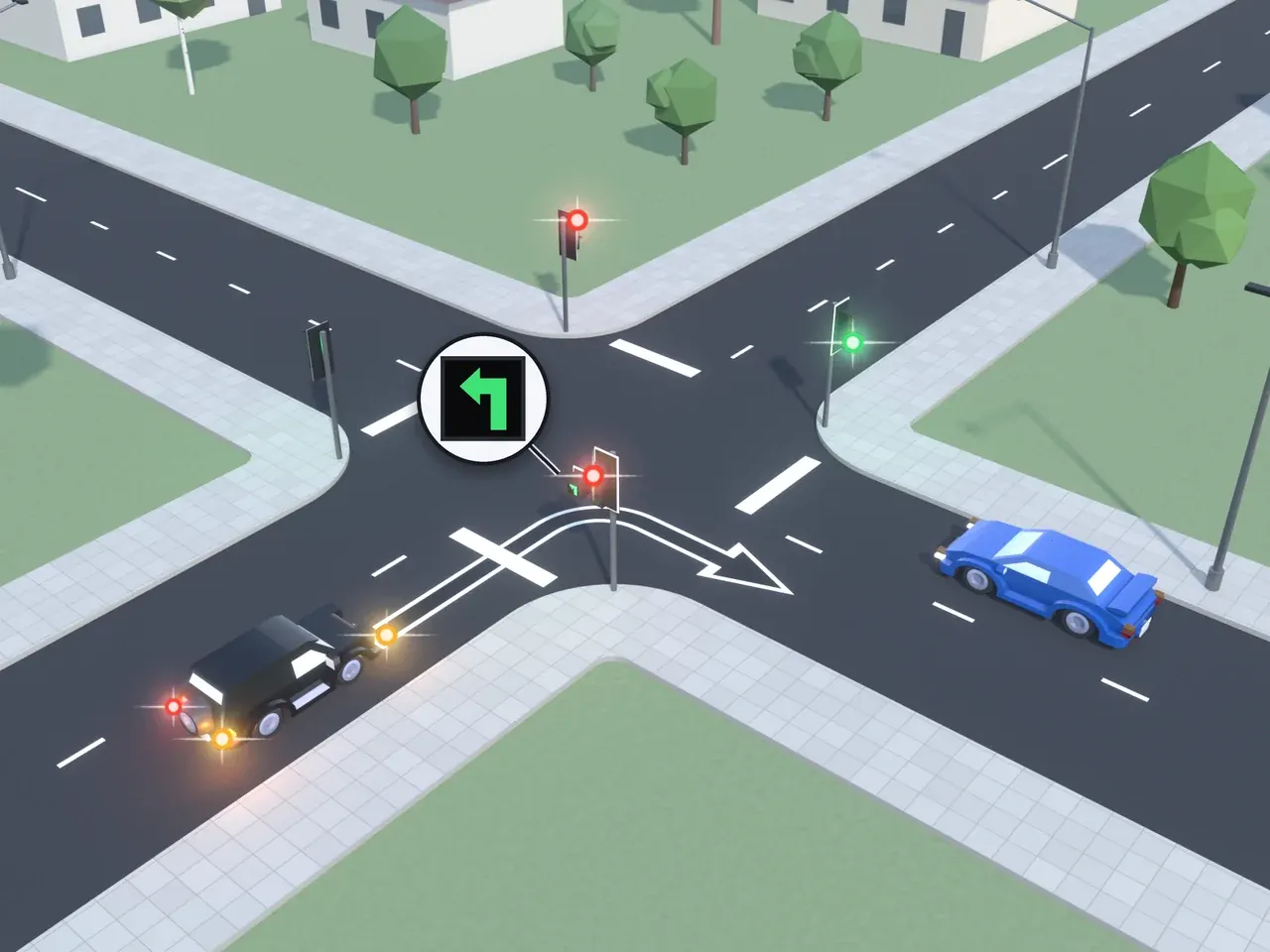 Keturšalė sankryža iš viršaus. Kryptys nurodytos taip, kaip jas mato juodą automobilį vairuojantis vairuotojas. Juodas automobilis suka į dešinę, dega jo stabdymo žibintai; mėlynas automobilis atvažiuoja iš dešinės. Šviesoforai šio vairuotojo kelyje ir priešais rodo raudoną; šviesoforai kairėje ir dešinėje rodo žalią. Šio vairuotojo kelyje šviesoforas turi papildomą sekciją su degančia žalia rodykle į kairę.
