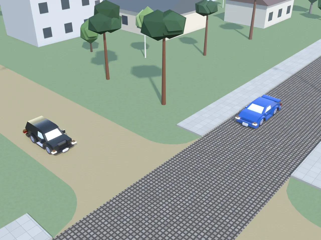 Keturšalė sankryža iš viršaus. Kryptys nurodytos taip, kaip jas mato juodą automobilį vairuojantis vairuotojas. Juodas automobilis artėja prie sankryžos; mėlynas automobilis atvažiuoja iš kairės. Šio vairuotojo kelyje ir priešais esančiame kelyje – žvyras; kairėje esančiame kelyje ir dešinėje esančiame kelyje – akmenų grindinys.