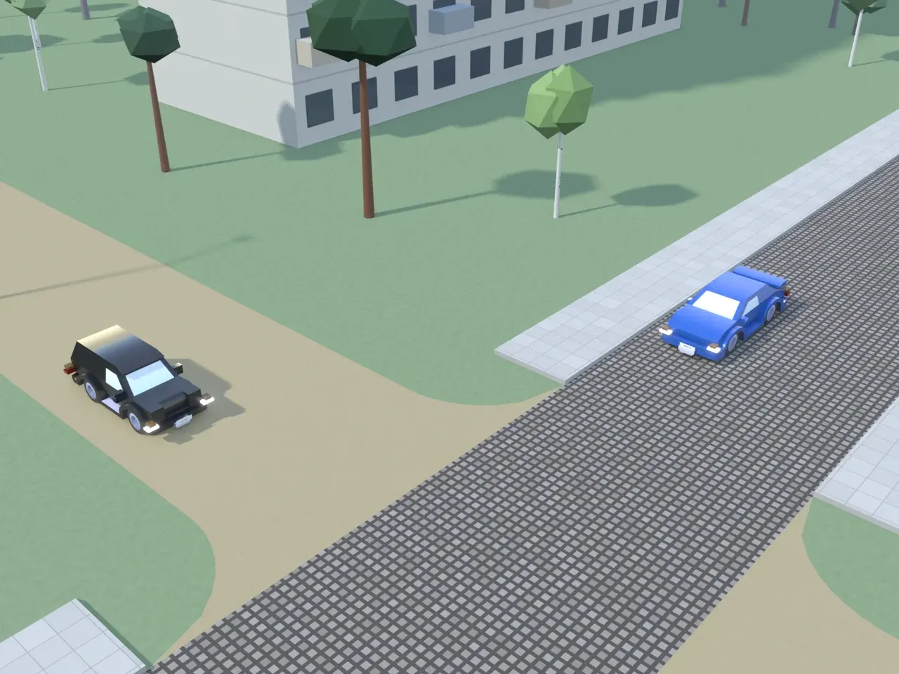 Keturšalė sankryža iš viršaus. Kryptys nurodytos taip, kaip jas mato juodą automobilį vairuojantis vairuotojas. Juodas automobilis artėja prie sankryžos; mėlynas automobilis atvažiuoja iš kairės. Šio vairuotojo kelyje ir priešais esančiame kelyje – žvyras; kairėje esančiame kelyje ir dešinėje esančiame kelyje – akmenų grindinys.