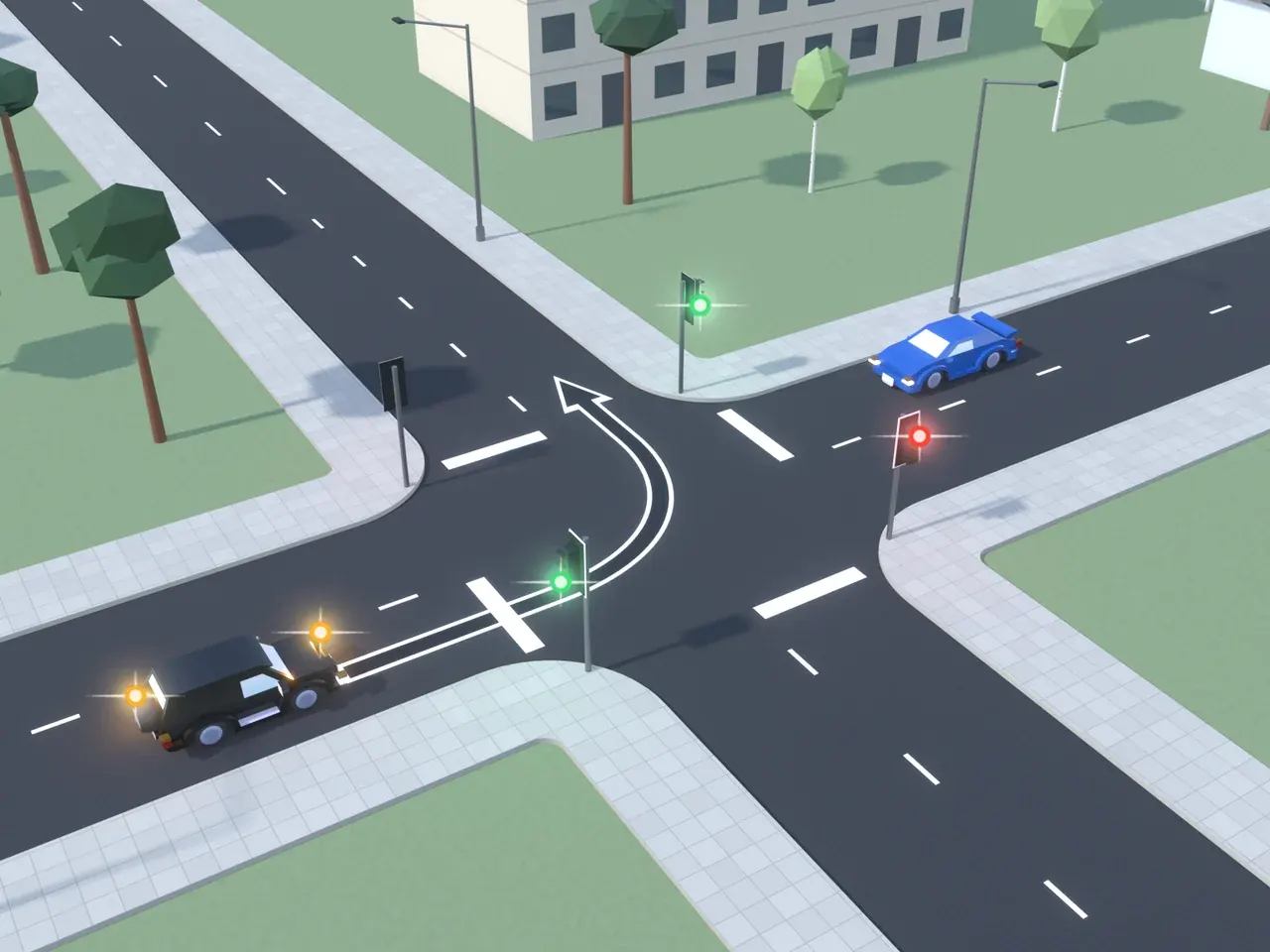 Keturšalė sankryža iš viršaus. Kryptys nurodytos taip, kaip jas mato juodą automobilį vairuojantis vairuotojas. Juodas automobilis suka į kairę; mėlynas automobilis atvažiuoja iš priekio. Šviesoforai šio vairuotojo kelyje ir priešais rodo žalią; šviesoforai kairėje ir dešinėje rodo raudoną.