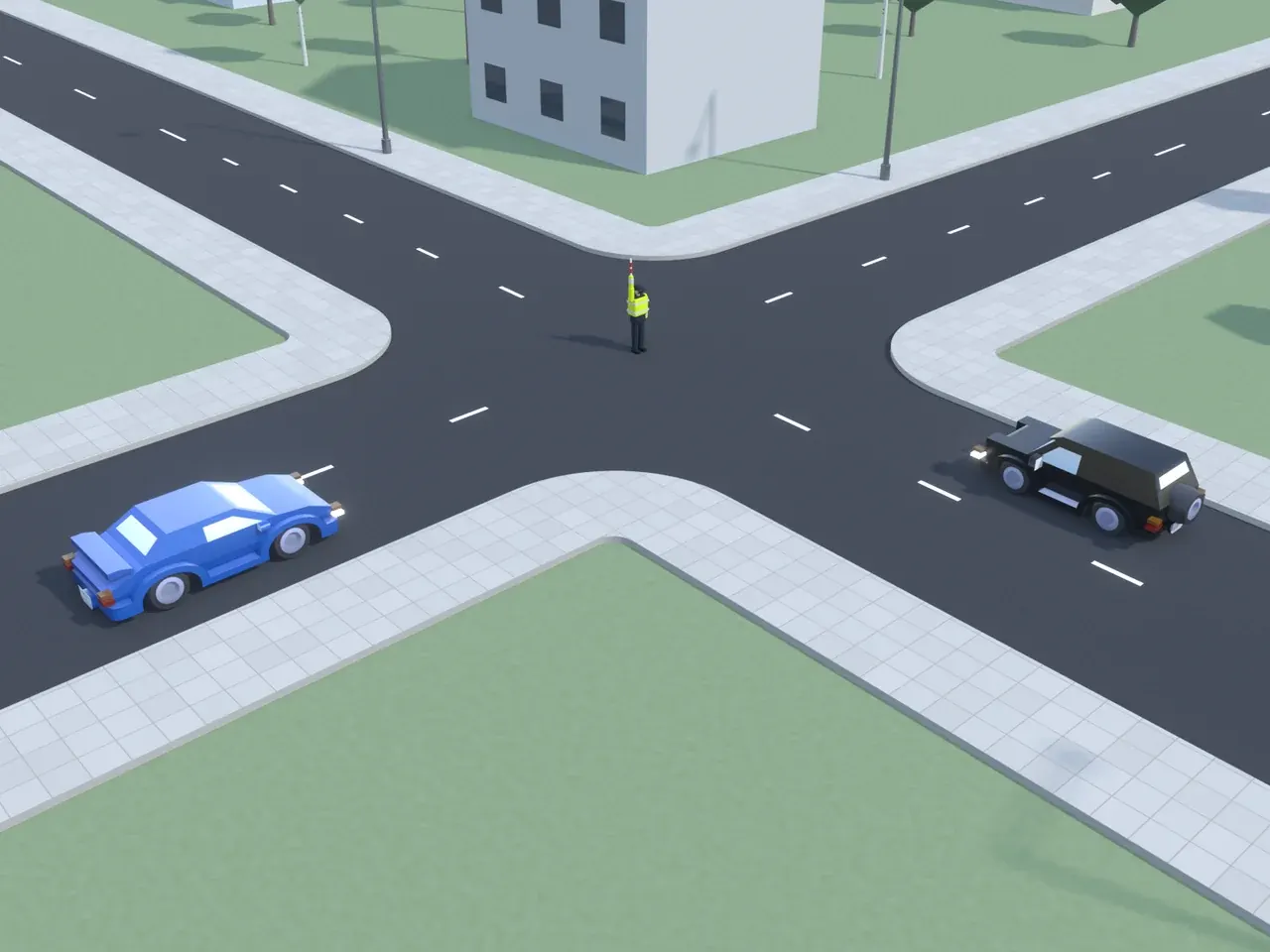 Keturšalė sankryža iš viršaus. Kryptys nurodytos taip, kaip jas mato juodą automobilį vairuojantis vairuotojas. Juodas automobilis artėja prie sankryžos; mėlynas automobilis atvažiuoja iš kairės; reguliuotojas su į viršų pakelta ranka. Juodas automobilis yra reguliuotojo krūtinės pusėje, mėlynas automobilis – jo dešiniajame šone. Juodas automobilis ir mėlynas automobilis Taisyklių 165 punkte nurodytose vietose galėtų sustoti nestabdydami staigiai.