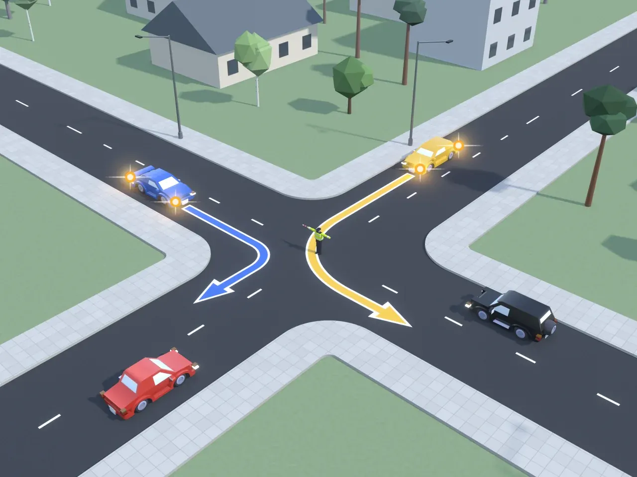 Keturšalė sankryža iš viršaus. Kryptys nurodytos taip, kaip jas mato juodą automobilį vairuojantis vairuotojas. Juodas automobilis artėja prie sankryžos; mėlynas automobilis atvažiuoja iš priekio, suka į dešinę; raudonas automobilis atvažiuoja iš kairės; geltonas automobilis atvažiuoja iš dešinės, suka į kairę; reguliuotojas su į šalis ištiestomis rankomis. Juodas automobilis yra reguliuotojo kairiajame šone, mėlynas automobilis – jo dešiniajame šone, raudonas automobilis – jo krūtinės pusėje, geltonas automobilis – jo nugaros pusėje.