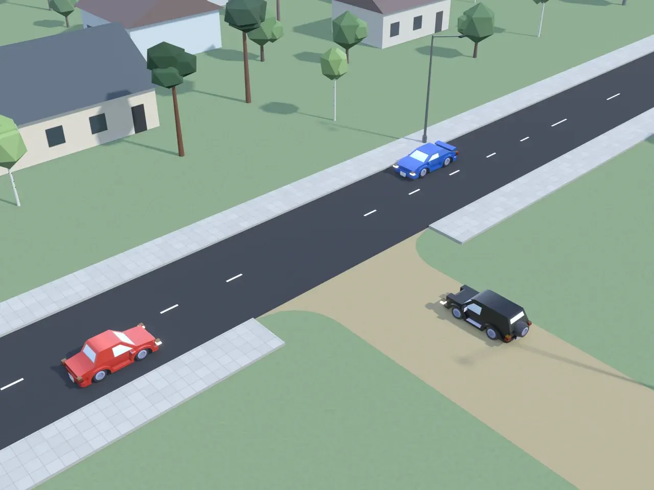 T formos sankryža iš viršaus. Kryptys nurodytos taip, kaip jas mato juodą automobilį vairuojantis vairuotojas. Juodas automobilis artėja prie sankryžos; raudonas automobilis atvažiuoja iš kairės; mėlynas automobilis atvažiuoja iš dešinės. Šio vairuotojo kelyje – žvyras; kairėje esančiame kelyje ir dešinėje esančiame kelyje – asfaltas.