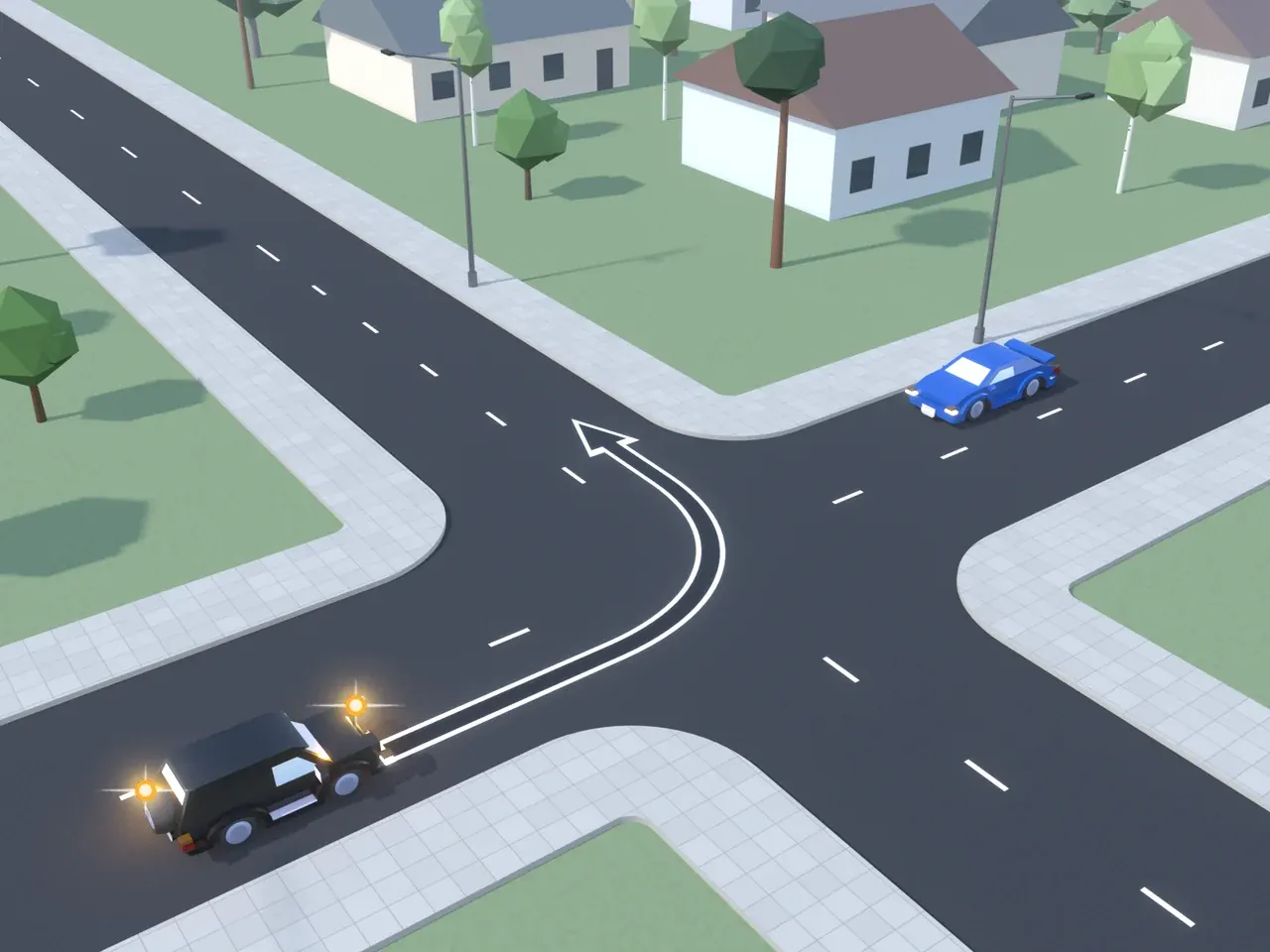 Keturšalė sankryža iš viršaus. Kryptys nurodytos taip, kaip jas mato juodą automobilį vairuojantis vairuotojas. Juodas automobilis suka į kairę; mėlynas automobilis atvažiuoja iš priekio.