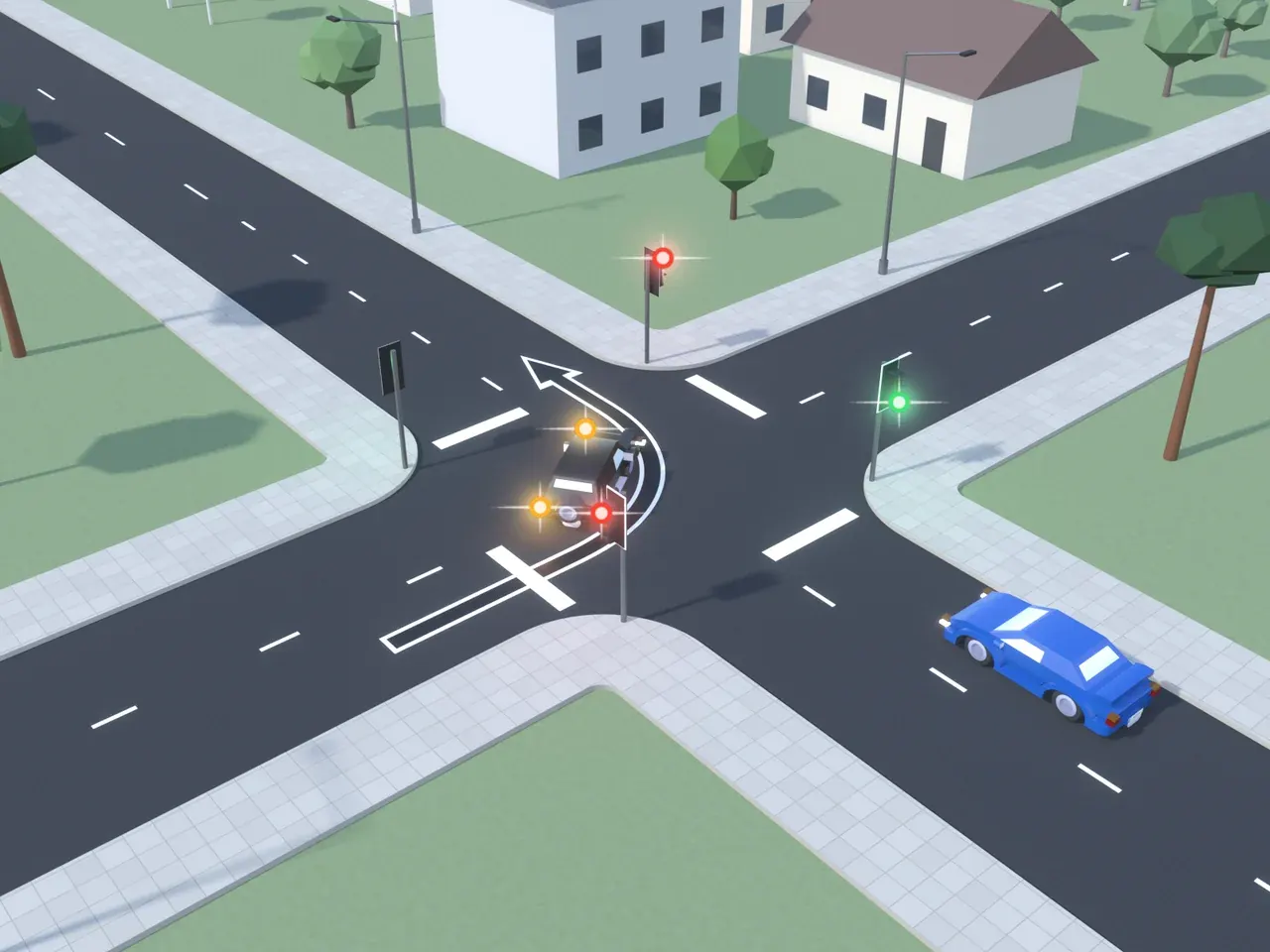 Keturšalė sankryža iš viršaus. Kryptys nurodytos taip, kaip jas mato juodą automobilį vairuojantis vairuotojas. Juodas automobilis jau yra sankryžoje, suka į kairę; mėlynas automobilis atvažiuoja iš dešinės. Juodas automobilis į važiuojamųjų dalių sankirtą įvažiavo pagal leidžiamąjį šviesoforo signalą. Šviesoforai šio vairuotojo kelyje ir priešais rodo raudoną; šviesoforai kairėje ir dešinėje rodo žalią.