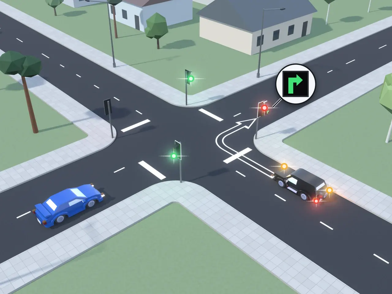 Keturšalė sankryža iš viršaus. Kryptys nurodytos taip, kaip jas mato juodą automobilį vairuojantis vairuotojas. Juodas automobilis suka į dešinę, dega jo stabdymo žibintai; mėlynas automobilis atvažiuoja iš kairės. Šviesoforai šio vairuotojo kelyje ir priešais rodo raudoną; šviesoforai kairėje ir dešinėje rodo žalią. Šio vairuotojo kelyje šviesoforas turi papildomą sekciją su degančia žalia rodykle į dešinę.