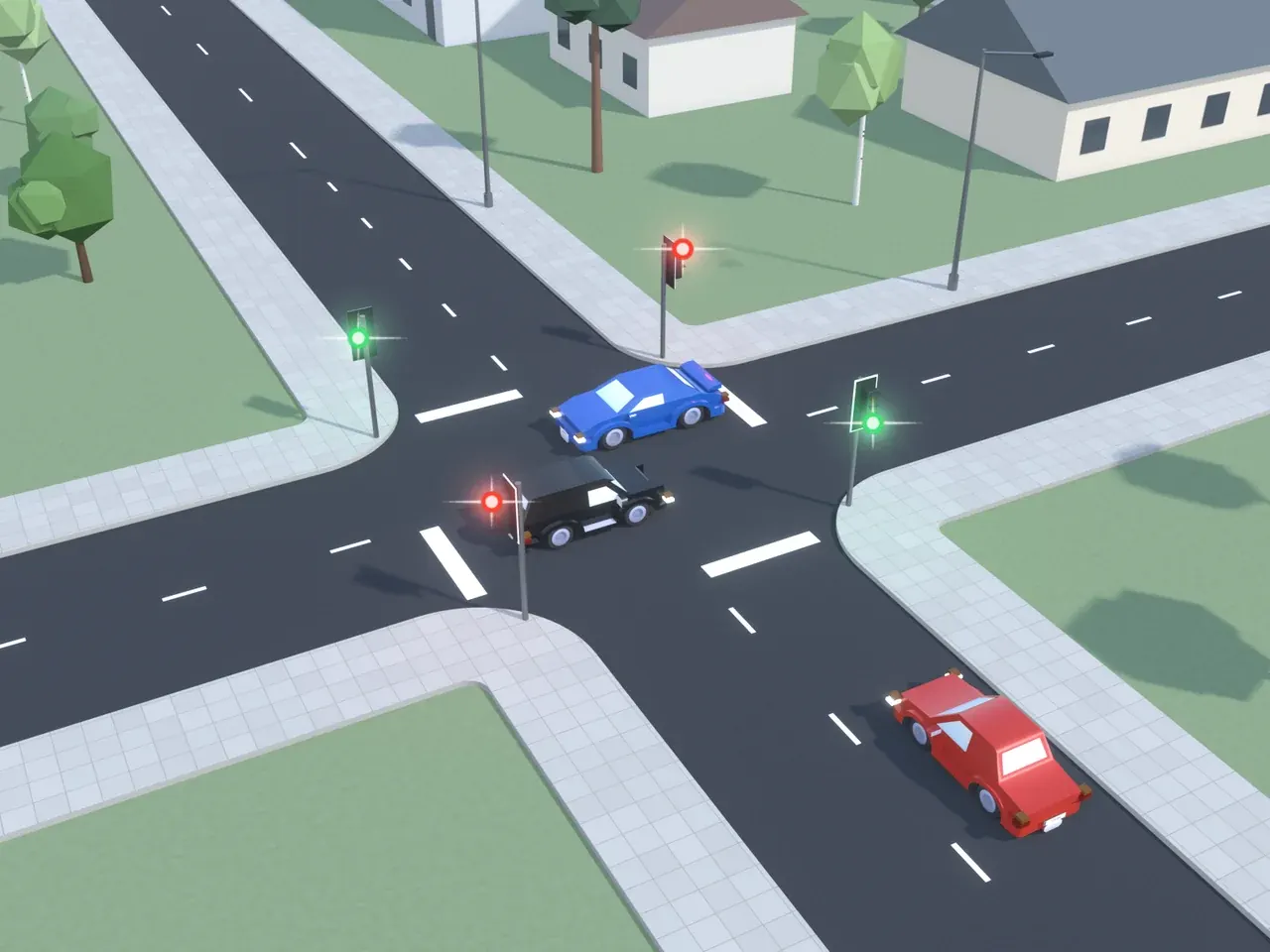 Keturšalė sankryža iš viršaus. Kryptys nurodytos taip, kaip jas mato juodą automobilį vairuojantis vairuotojas. Juodas automobilis jau yra sankryžoje; mėlynas automobilis jau yra sankryžoje; raudonas automobilis atvažiuoja iš dešinės. Juodas automobilis ir mėlynas automobilis į važiuojamųjų dalių sankirtą įvažiavo pagal leidžiamąjį šviesoforo signalą. Šviesoforai šio vairuotojo kelyje ir priešais rodo raudoną; šviesoforai kairėje ir dešinėje rodo žalią.